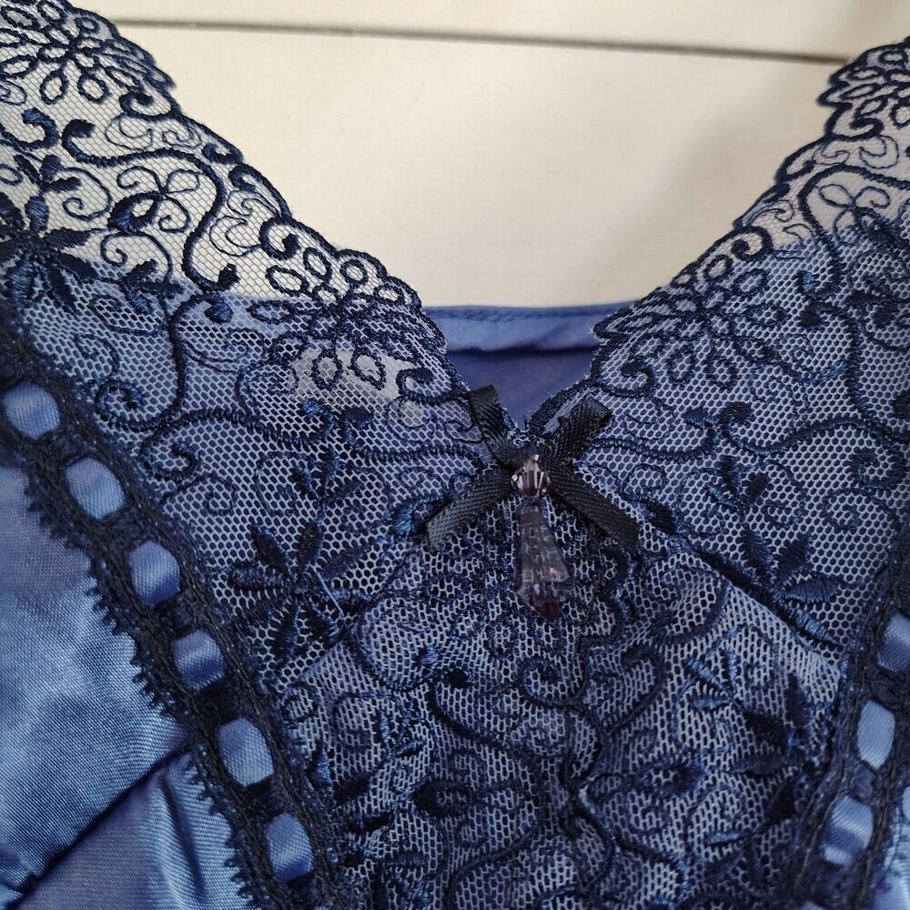 Womens Coquette Satin Slip Dress Size M Blue Lace Trim Babydoll Y2K Fairycore - Picture 4 of 11